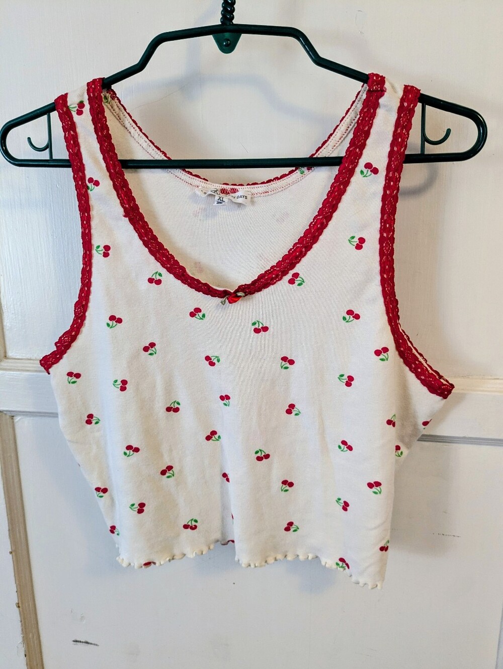 Love, Peace & Lazy Days:  Cherry Print Cropped Tank Top with Red Trim, XL